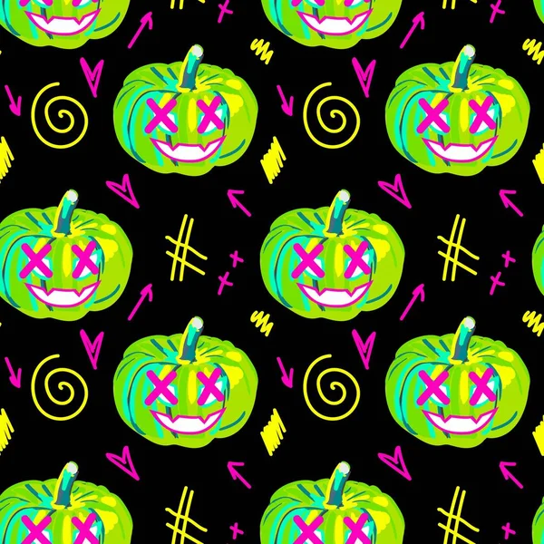 Halloween Neon Seamless Pumpkin Pattern Ideal Creating Seamless Designs Illustrations — Stock Vector