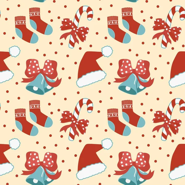 Weihnachten Nahtlos Weihnachtsmütze Glocke Socken Und Süßigkeiten Vektor Flacher Stil — Stockvektor
