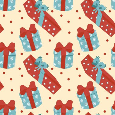Noel hediyeleri kusursuz desen. Vektör, düz stil. Tekstil, duvar kağıdı veya baskı tasarımı için mükemmel