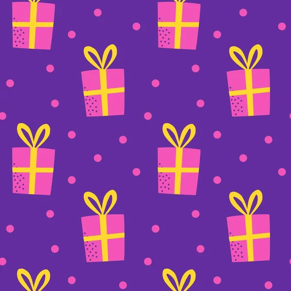 Kusursuz bir desen. Vektör. Tatil konsepti. Kurdeleli pembe hediyeler.