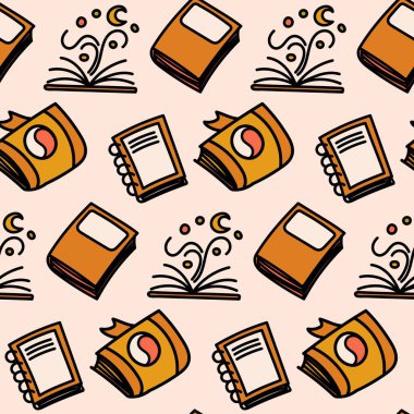 Kitap karalama resimli, pürüzsüz bir şablon. Hoş bir kitap çeşitliliği içeren vektör sanat eserleri sıcak ve davetkar bir ortam yaratıyor..