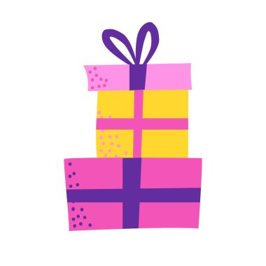 Hediye kutusu, doğum günü kutlaması, özel hediye paketi, sadakat programı ödülü, ünlem işareti, vektör ikonu, düz illüstrasyon.