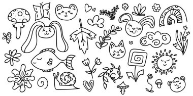 Karalama çizimleri. Sevimli hayvanlar ve yapraklar. Vektör