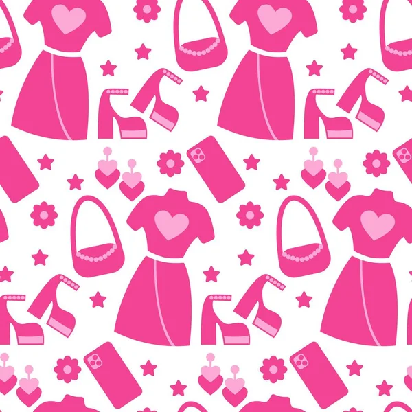 Рожевий Безшовний Візерунок Друк Дівчинки Модний Одяг Аксесуари Вектор Плоский — стоковий вектор