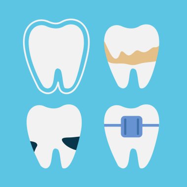 Mavi arka planda bir dizi diş. Diş sağlığı kavramı. Diş hekimliği simgeleri. Vektör. Düz biçim.