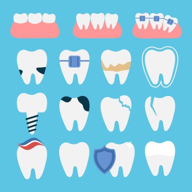 Bir çift diş. Sağlıklı ve hastalıklı dişler. Diş tedavisi kavramı. Vektör. Düz biçim.