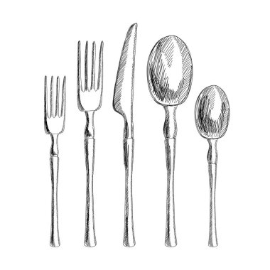 Çatal bıçak seti siyah beyaz bir çizimdir. Vektör. Düğün dekoru