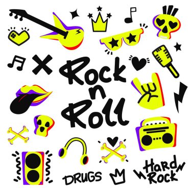 Rock n roll, punk music doodle set. Graffiti, tattoo hand drew sticker, text, skull, heart, skate, gesture hand. Grunge rock vector illustration.