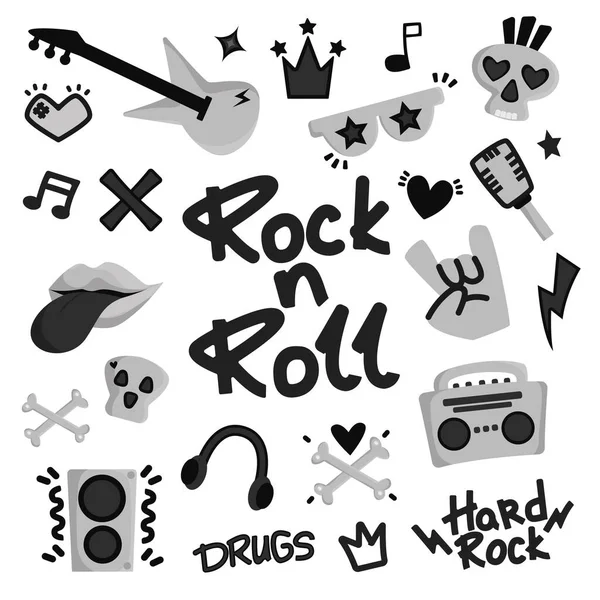 Rock n roll, punk müzik karalama seti. Graffiti, dövme eli çıkartma, yazı, kafatası, kalp, paten, el hareketi. Grunge kaya vektör illüstrasyonu.