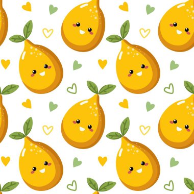 Lemon, noktalı arkaplanda sevimli meyve karakterleri olan kusursuz vektör deseni.