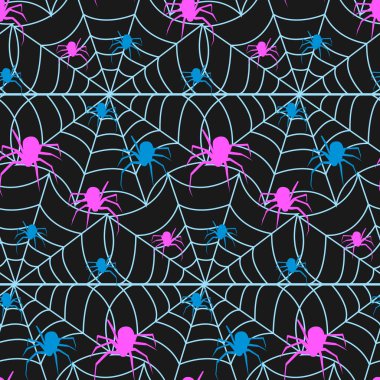 Ağ üzerinde sürünen çok renkli örümceklerin kusursuz deseni.