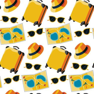 Seamless vector pattern with beach-themed elements sunglasses, suitcase, map, and hat. Ideal for fabric prints, wallpapers, and summer-themed designs clipart