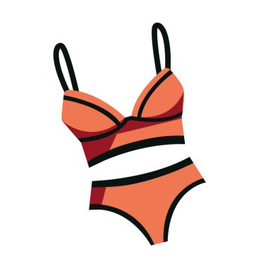 İki parçalı kadın mayosu. Şık turuncu mayo. El çizimi vektör çizimi beyaz arkaplanda izole edildi. Modern düz çizgi film tarzı
