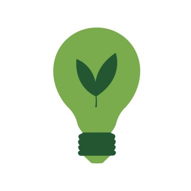 Beyaz arka planda içinde yaprak olan yeşil bir ampul. Yeşil enerji kavramı. Vektör, düz biçim.