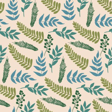 Tarafsız bir bej arka planda tekrarlanan yeşil ve mavi yapraklı güzel bir tasarım.