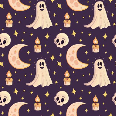 Cadılar Bayramı Kusursuz Düzen. Sihirli iksirler, mumlar, kafatasları, sihirli. - Evet. Siyah ürkütücü duvar kâğıdı çizimi. Korkunç tatil korku eskizi sanatı. Sihirli cadılar bayramı deseni izi.