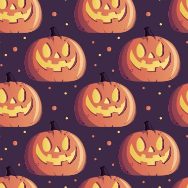 Cadılar Bayramı 'nda koyu mavi arka planda turuncu gülümseyen ürkütücü balkabaklarıyla kusursuz bir desen. Ambalaj kağıdı, kumaş, tekstil, hatıra defteri için tatil arkaplanı