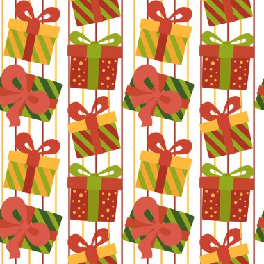 Noel hediyesi kutuları vektör modeli. Kusursuz bir geçmişi ve hediye kutuları var. Tebrik kartları, davetiyeler, posterler için resim