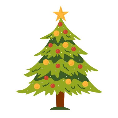 Geleneksel Xmas ağacı süslü süs eşyalarıyla süslenmiş, çelenk. Yapay Ladin kürsüde. Düz vektör çizimi beyaz arkaplanda izole edildi.
