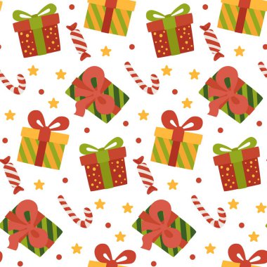 Noel hediyesi kutuları vektör modeli. Kusursuz bir geçmişi ve hediye kutuları var. Tebrik kartları, davetiyeler, posterler için resim