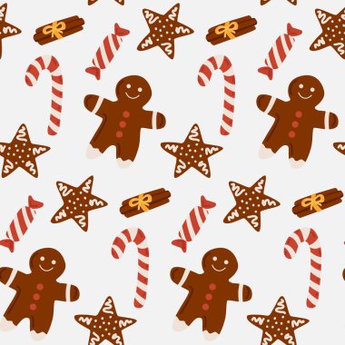 Kusursuz bir Noel deseni. Kırmızı bardak, zencefilli kurabiye adam ve modaya uygun retro çizgi film tarzında baston şeker. Kış festivali tasarımı için arka plan. Vektör illüstrasyonu