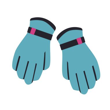 İki parlak mavi eldiven yan yana, pembe aksanlı siyah bilek kayışları var. Bu eldivenler açık hava kış sporları veya aktiviteleri için uygundur..