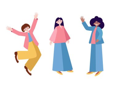 Three women with varied hairstyles and outfits express happiness through gestures and smiles. The colorful illustration captures joy and camaraderie in a playful design. clipart