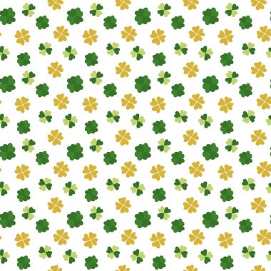 Vibrant vector design showcases alternating green and yellow clovers scattered across a white background, perfect for festive events and playful decorations. clipart