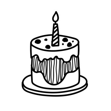Üzerinde renkli bir mum bulunan üç katlı bir doğum günü pastasının detaylı bir vektör çizimi. Pastanın karmaşık krema tasarımları ve klasik yuvarlak şekli var. Kutlamalar için mükemmel..