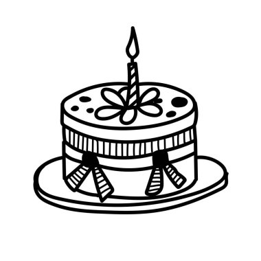 Tek bir mum, renkli krema ve kurdelelerle süslenmiş dekoratif bir doğum günü pastası. Doğum günleri ve partiler gibi özel anları kutlamak için mükemmel..