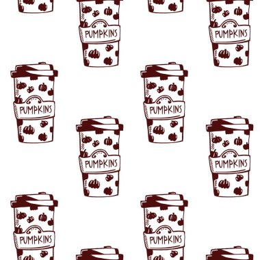 Sonbahar kutlamaları ve mevsimsel etkinlikler için balkabağı temalı içecek bardakları içeren kusursuz vektör deseni.