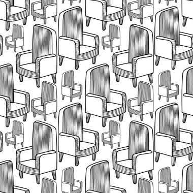 Beyaz zemin üzerinde çeşitli boyutlarda klasik sandalye tasarımı içeren kusursuz bir vektör deseni.