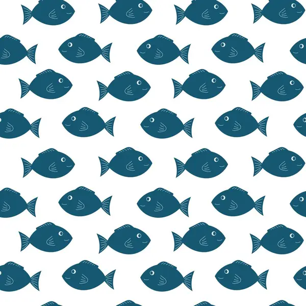 Yaratıcı tasarım uygulamaları için beyaz arkaplanda yüzen mavi balığın kusursuz vektör deseni.