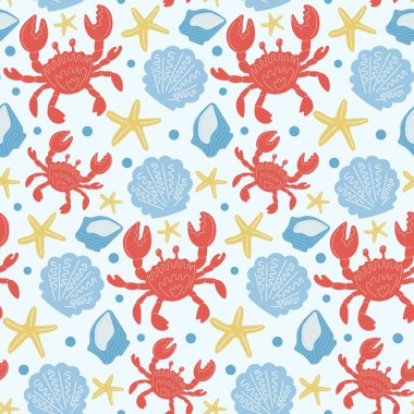 Açık mavi bir zemin üzerinde yengeçler, deniz kabukları ve deniz yıldızları içeren parlak ve oyuncu vektör deseni.