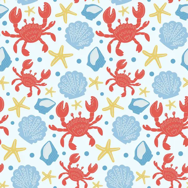 Açık mavi bir zemin üzerinde yengeçler, deniz kabukları ve deniz yıldızları içeren parlak ve oyuncu vektör deseni.
