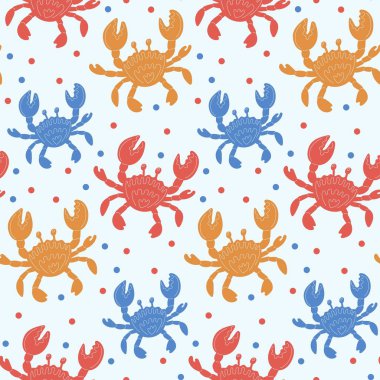 Renkli vektörsüz desen parlak arkaplanda oyuncu noktalar bulunan canlı renklerde yengeçler içeriyor.