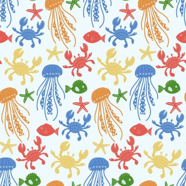 Açık arkaplanda yengeç, denizanası, balık ve deniz yıldızı gibi çeşitli deniz canlılarını barındıran renksiz desenler..