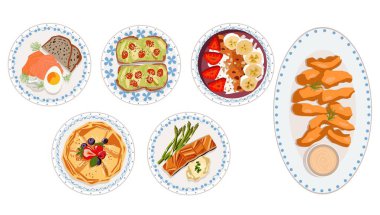 Dekoratif tabaklarda taze malzemeler ve canlı renklerle servis edilen lezzetli kahvaltı ve branç çeşitleri. vektör