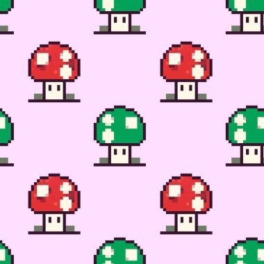 Yumuşak pembe arka planda renkli mantar deseni canlı kırmızı ve yeşil mantarları oyuncu bir şekilde tasarlıyor..