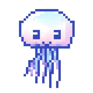 Renkli pikselli sanat denizanası gündüz vakti sakin bir sualtı ortamında zarifçe yüzüyor..