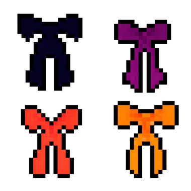 Dijital sanat veya moda temaları için yaratıcı tasarım unsurlarını gösteren ızgara biçiminde düzenlenmiş çeşitli gölgelerde renkli pikselli yaylar.