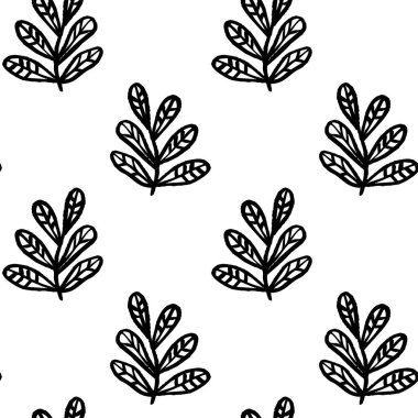 Modern dekor ve tekstil için yinelenen bir tasarım içinde stilize yapraklar içeren zarif siyah ve beyaz vektör deseni.