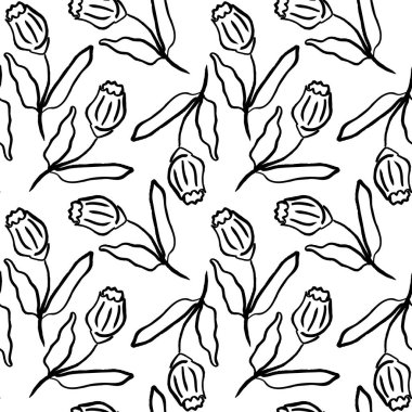 Çiçek deseninde lale benzeri çiçekler ve temiz beyaz bir arkaplanda yapraklar var.