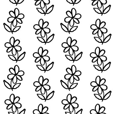 Beyaz arka planda yaprakları olan basit siyah çiçekleri içeren çiçek vektör deseni.