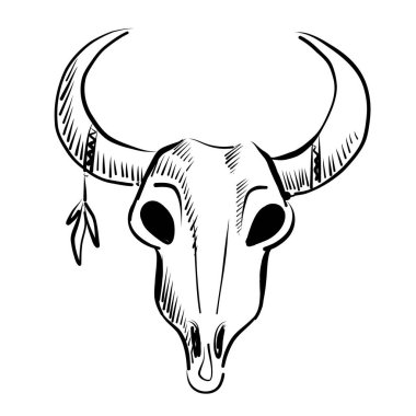 Kabile dizaynında tüyleri olan stilize edilmiş bir boğa kafatası. Sanatsal ve kültürel tasarım için mükemmel..