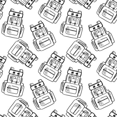 Beyaz arkaplana karşı sırt çantalarının el çizimi vektör çizimlerini içeren desen tasarımı.