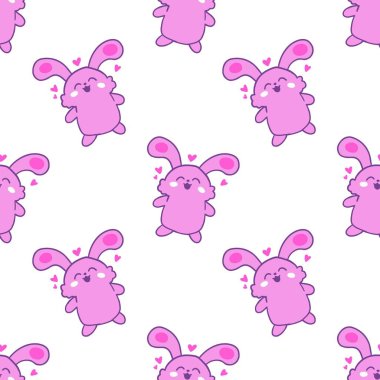 Büyük kulaklı renkli pembe tavşanlar ve neşeli yüz ifadeleri beyaz bir arkaplanda dans ediyor, neşeli, kaprisli bir tasarım sergiliyor çocuk temaları için mükemmel.