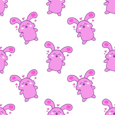 Büyük kulaklı renkli pembe tavşanlar ve neşeli yüz ifadeleri beyaz bir arkaplanda dans ediyor, neşeli, kaprisli bir tasarım sergiliyor çocuk temaları için mükemmel.