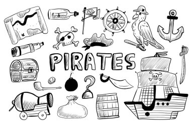 Korsan temalı elementler koleksiyonunda haritalar, hazine sandıkları, gemiler ve kafatasları ve çapalar gibi çeşitli semboller sergileniyor. Sanatsal stil tuhaf ve eğlenceli, çocuklar için ideal..