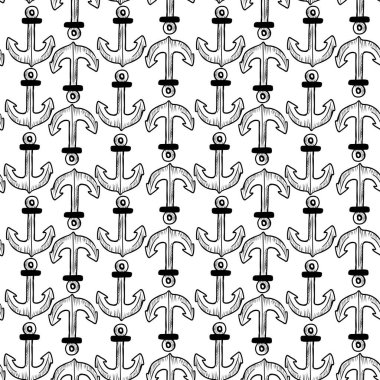 Tekrarlayan desen, beyaz arkaplana karşı siyah çizgilerde basit çapa tasarımlarını gösterir. Denizcilik temalı el sanatları, tekstil veya duvar kağıdı için ideal seçim.